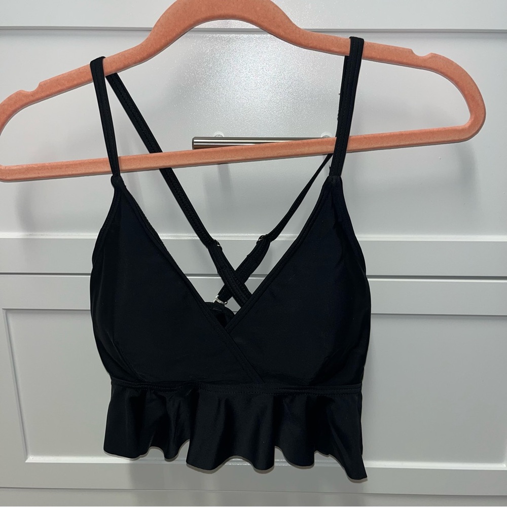 Black Ruffle Hem Cross-Back Bikini Top